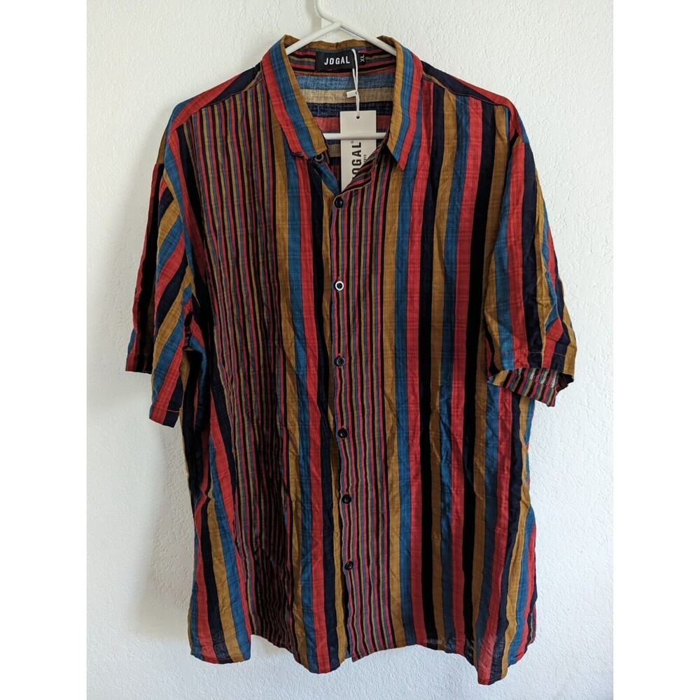 Jogal Men's Vertical Striped Short Sleeve Button Down Shirt XL